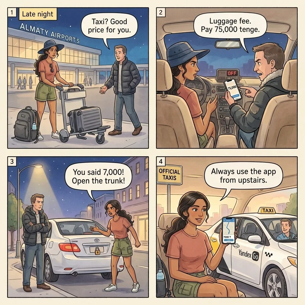 Almaty Airport taxi shakedown — comic illustration