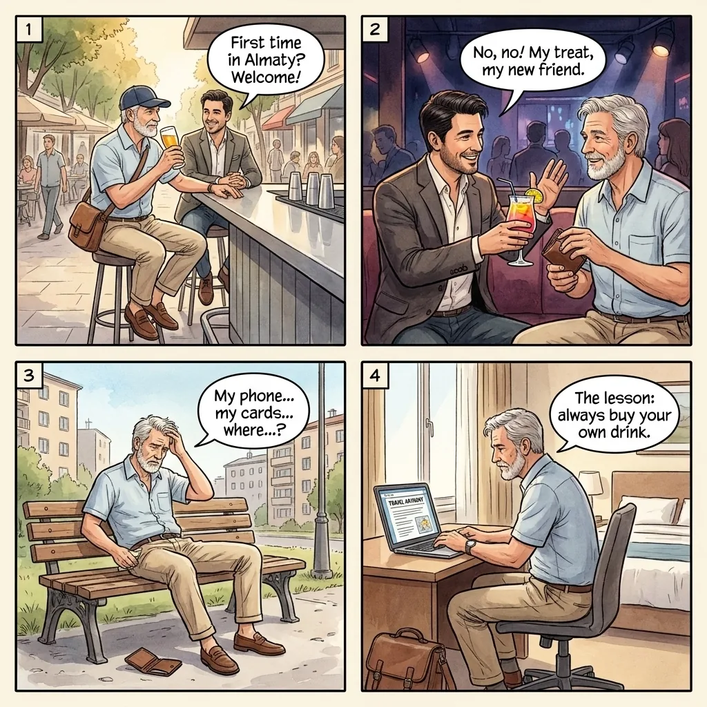 Drink-spike robbery from Panfilov bars — comic illustration