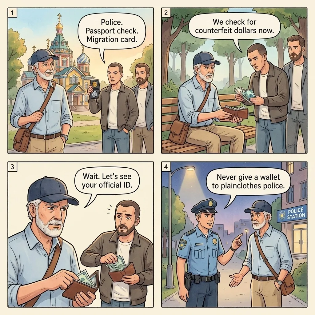 Fake-police passport and wallet shakedown — comic illustration