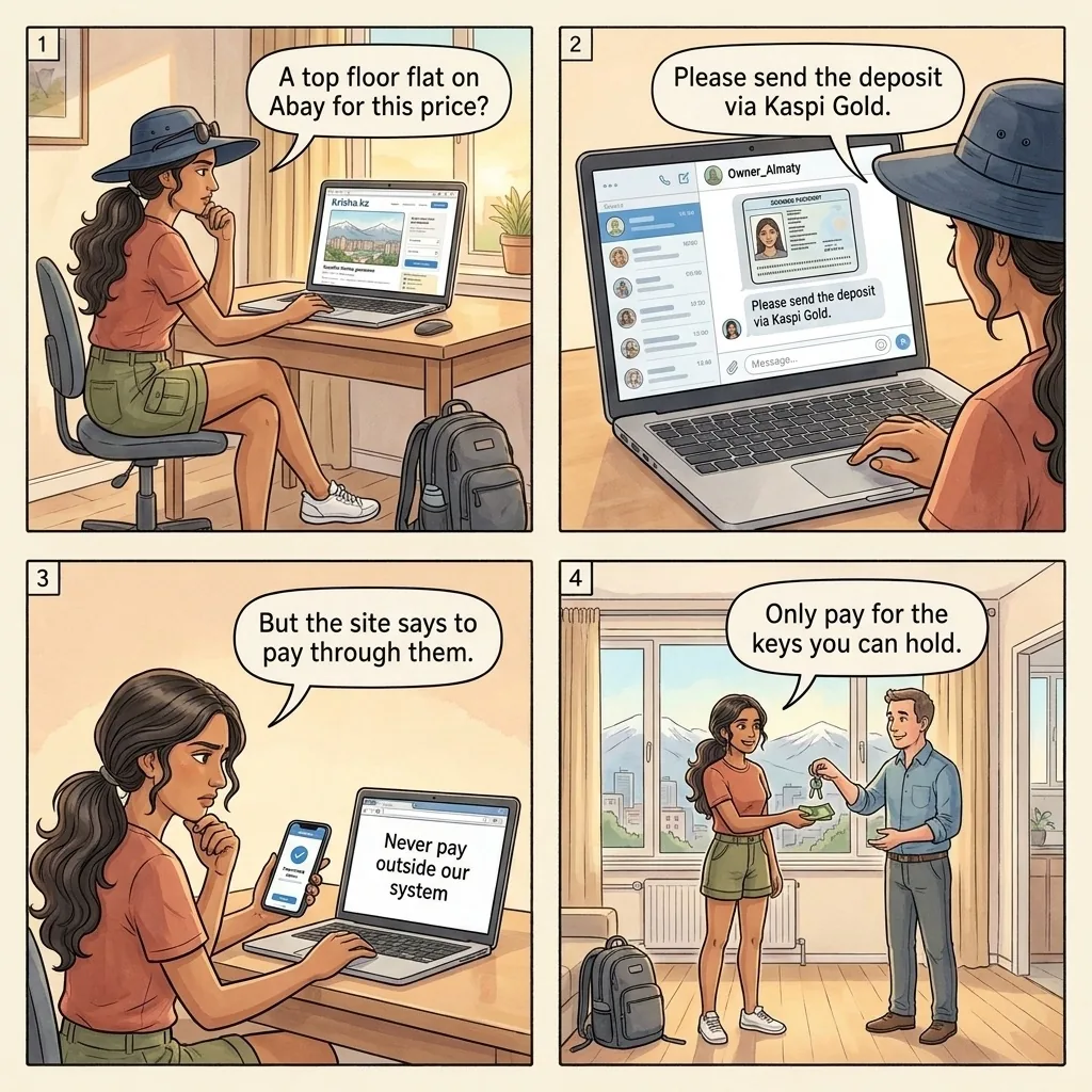 Krisha.kz apartment deposit fraud — comic illustration