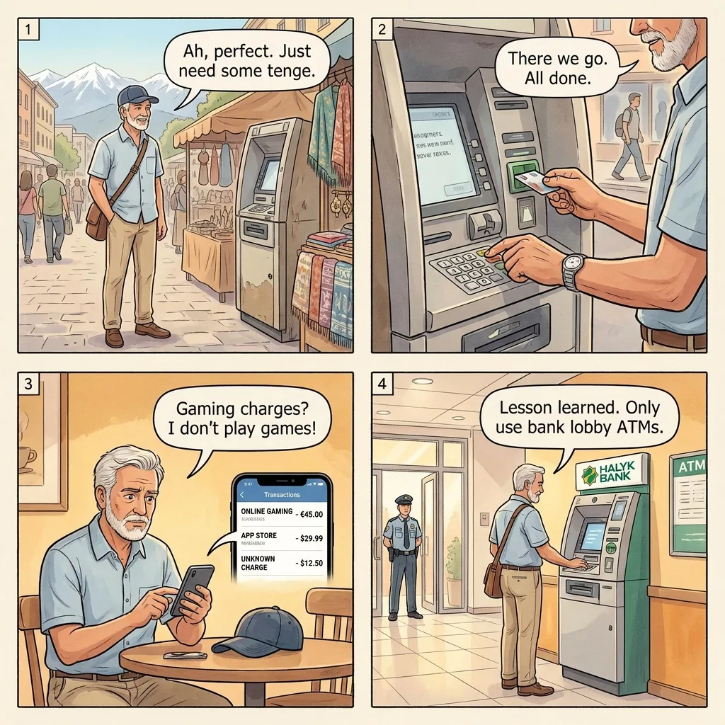 ATM skimming and card cloning — comic illustration