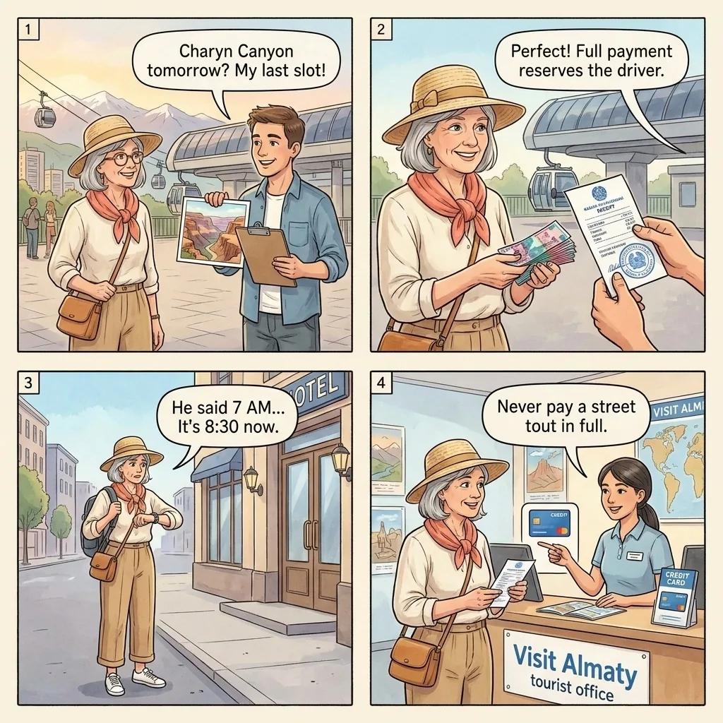Charyn Canyon and Big Almaty Lake tour pre-pay vanish — comic illustration