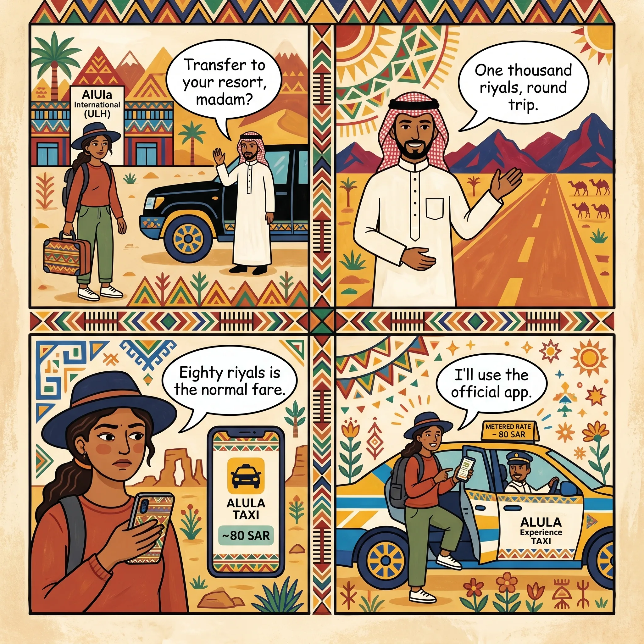 The AlUla Airport Transfer Gouge — comic illustration