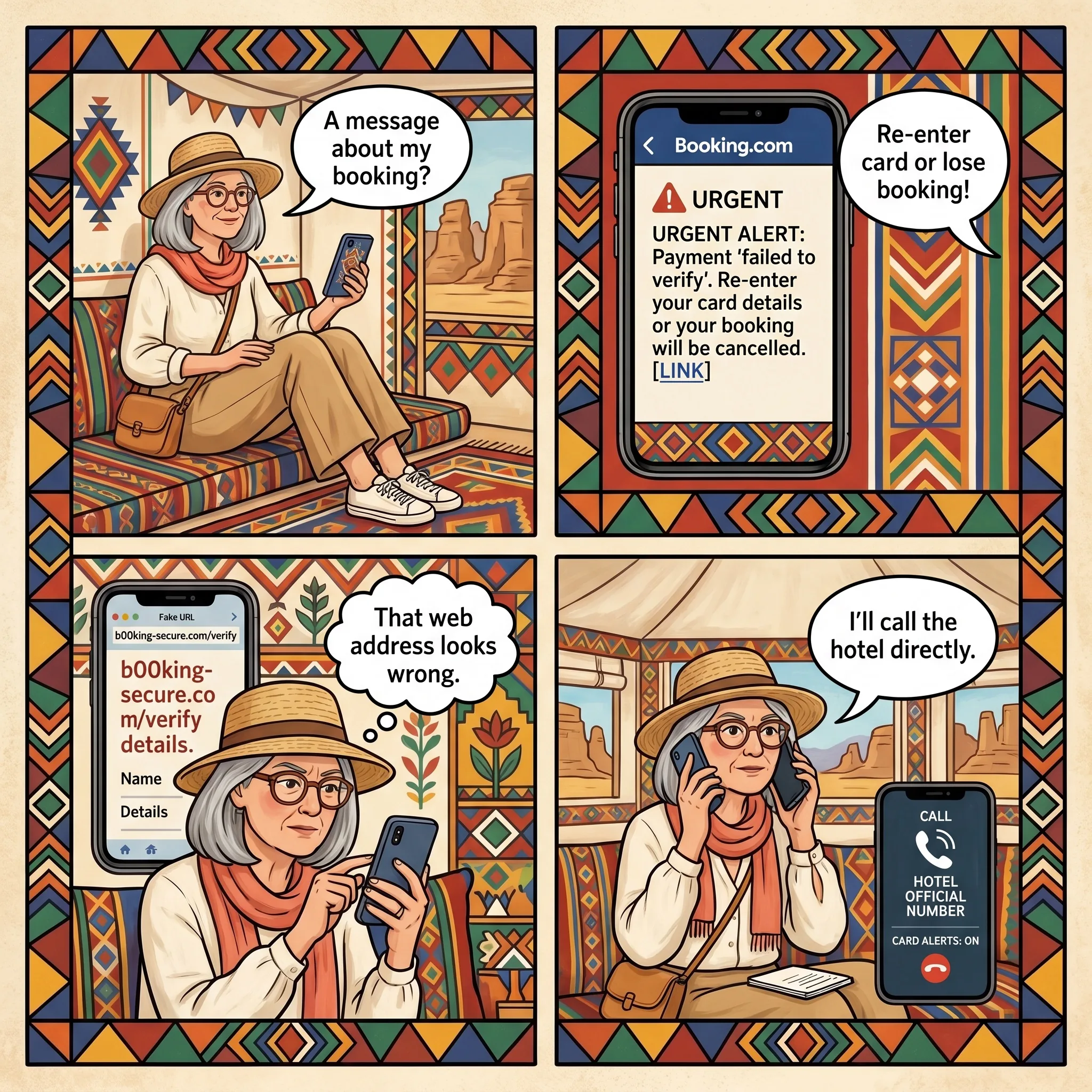 The Booking.com 'Confirm Your Card' Phishing Trap — comic illustration