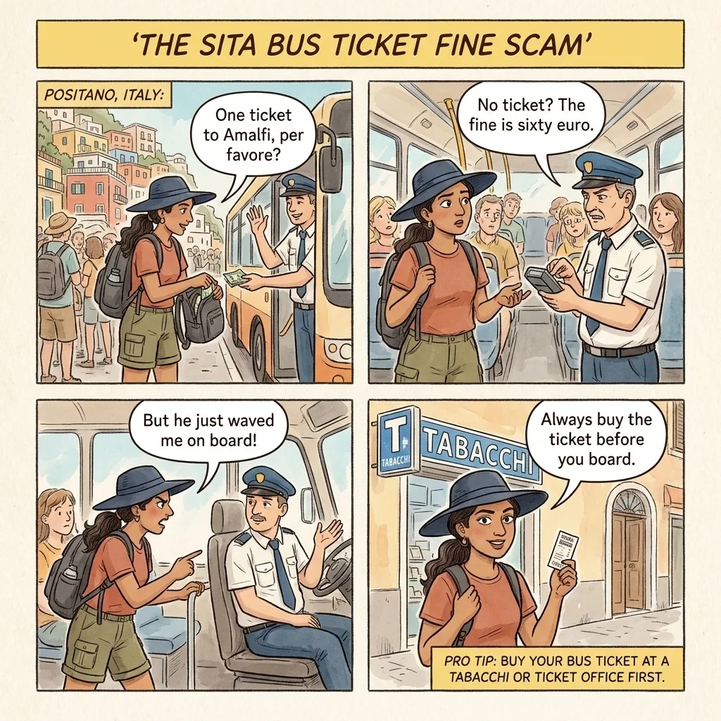 SITA Bus Ticket & Board-Without-Ticket Confusion — comic illustration