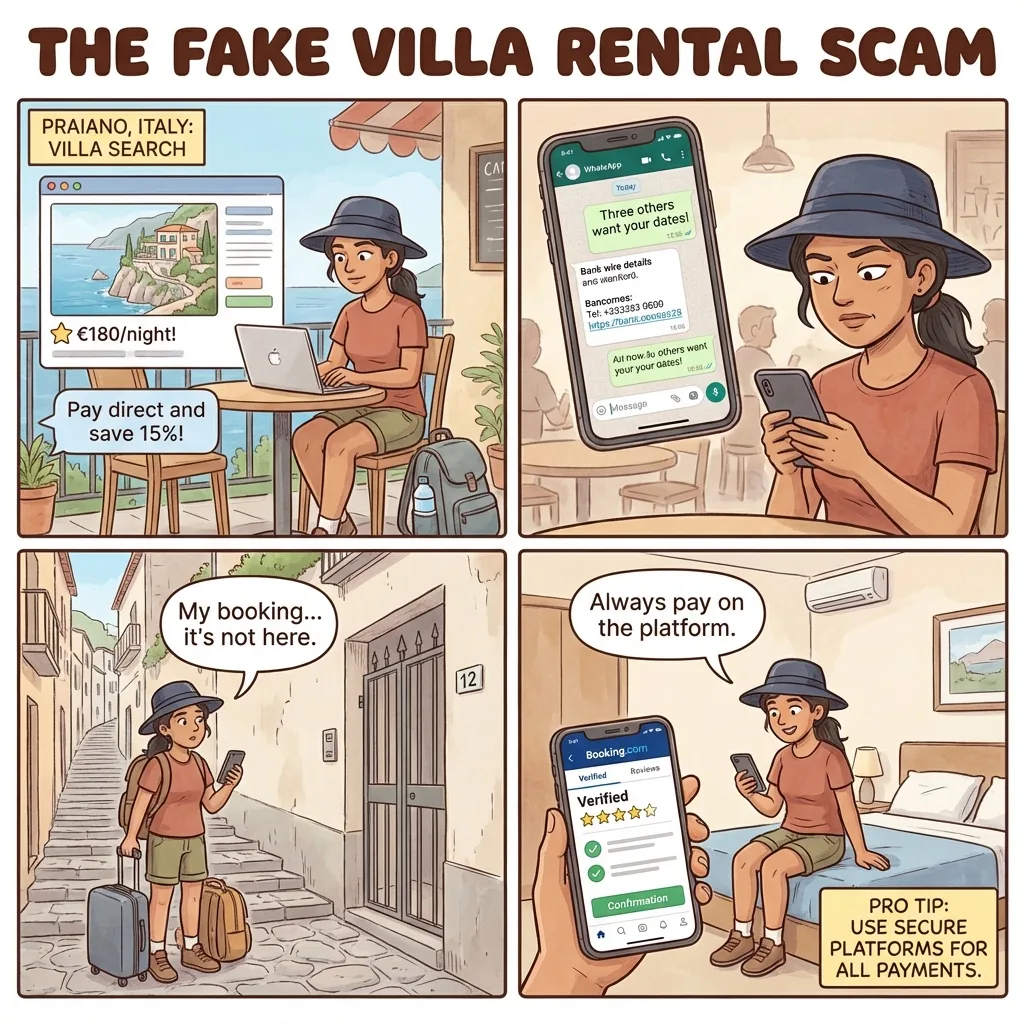 Fake Villa Rental & Off-Platform Wire — comic illustration