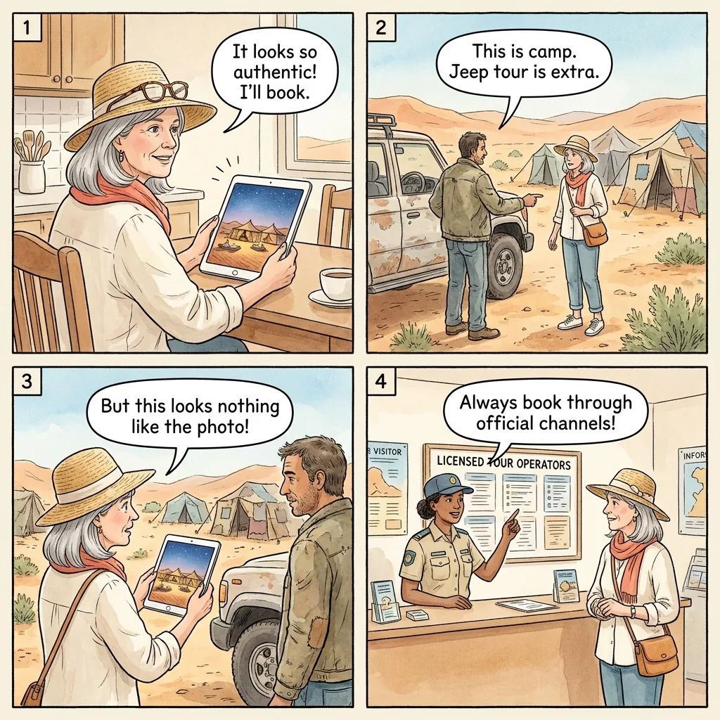 Wadi Rum Unofficial Bedouin Camp Fraud — comic illustration