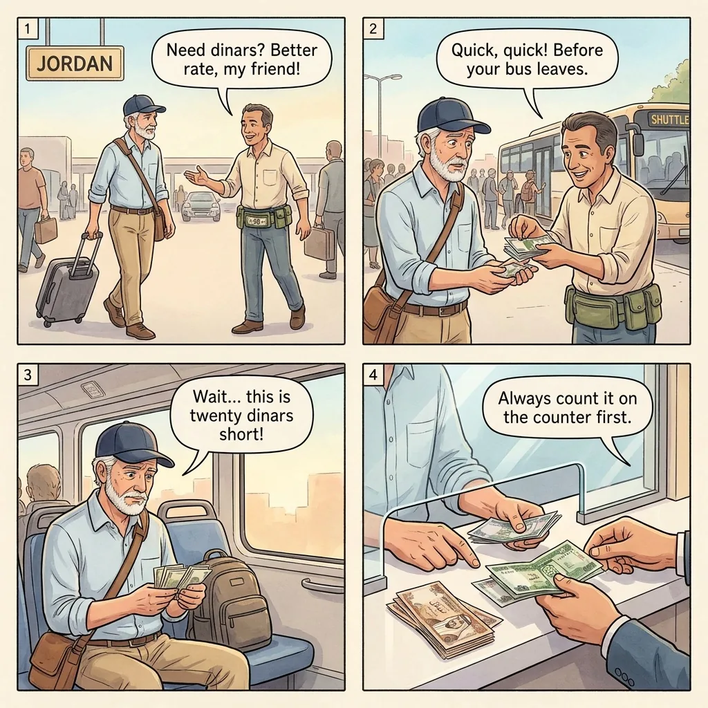 Currency Exchange Shortchanging at Borders — comic illustration