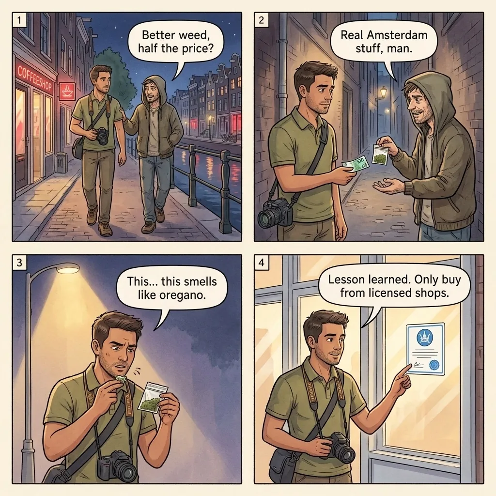 The Leidseplein Stepped-On Cannabis Sale — comic illustration