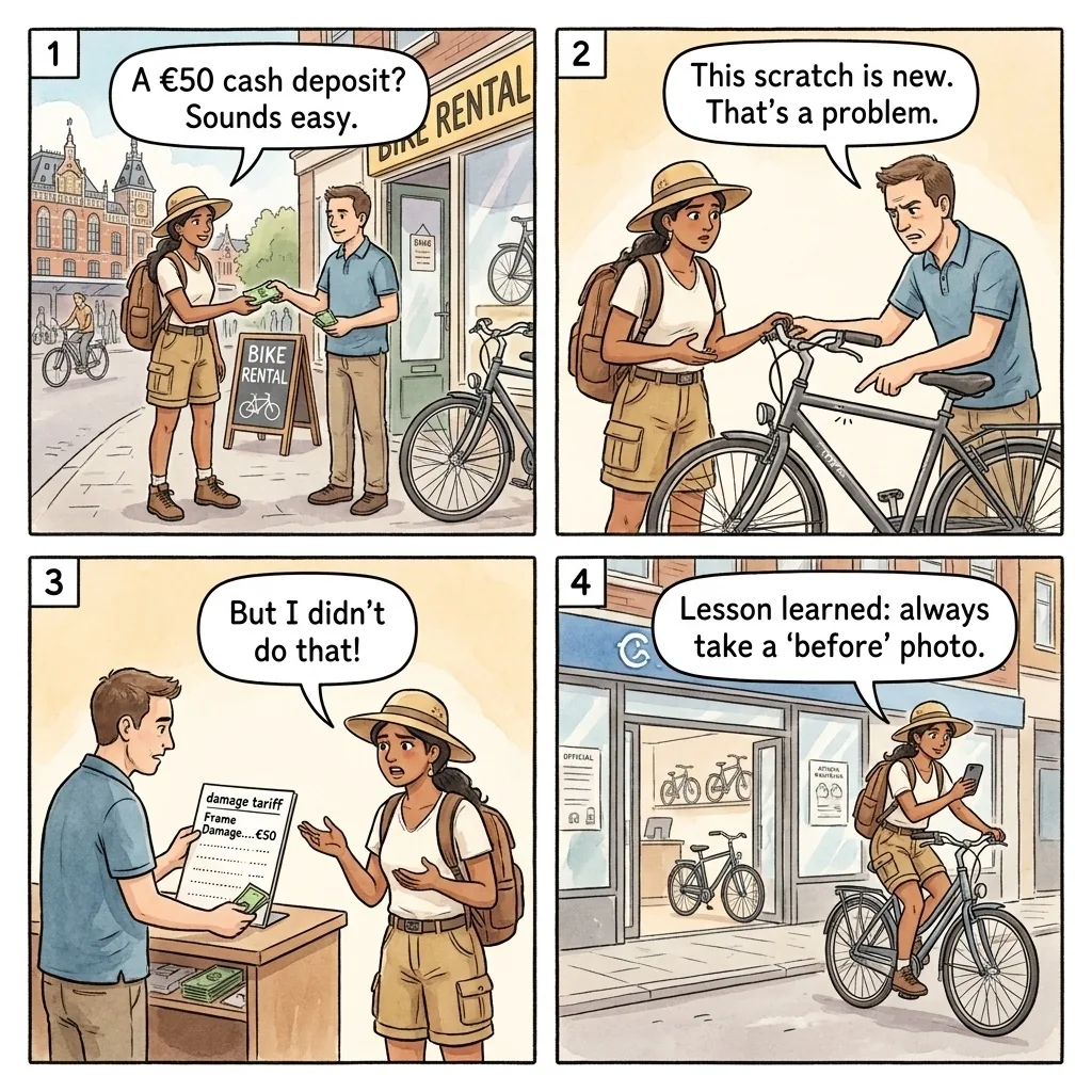 The Centraal Bike-Rental Damage-Deposit Trap — comic illustration