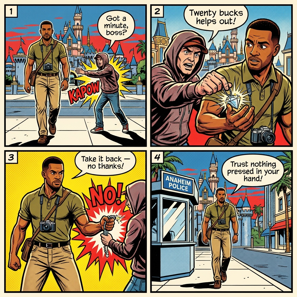 Disneyland 'Parrot Scammer' & Downtown Disney Photo Hustle — comic illustration