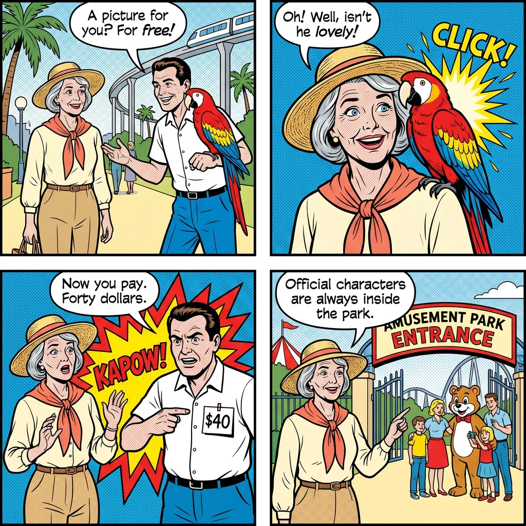 Disneyland 'Parrot Scammer' & Downtown Disney Photo Hustle — comic illustration