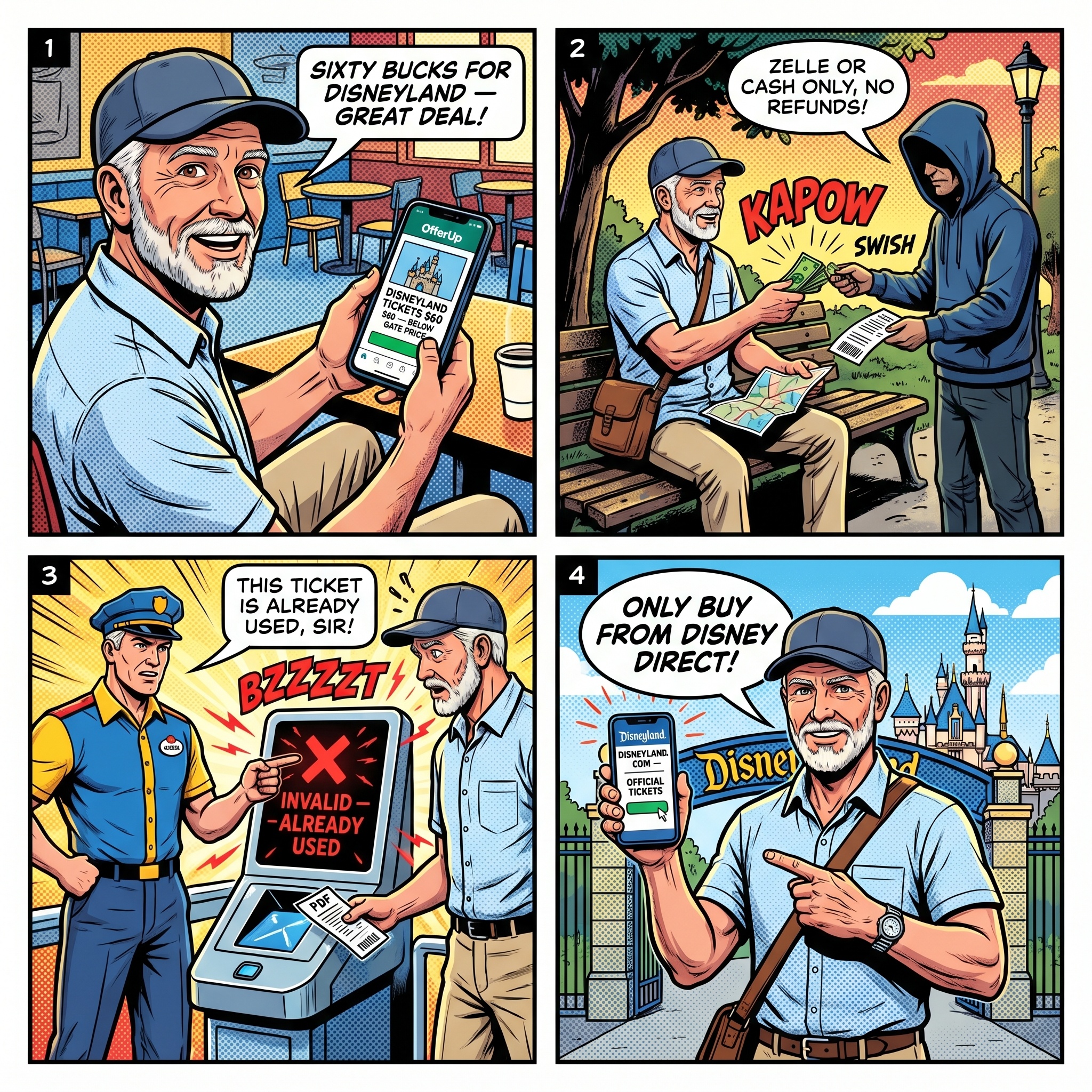 Disneyland Ticket OfferUp / Craigslist Resale Scam — comic illustration
