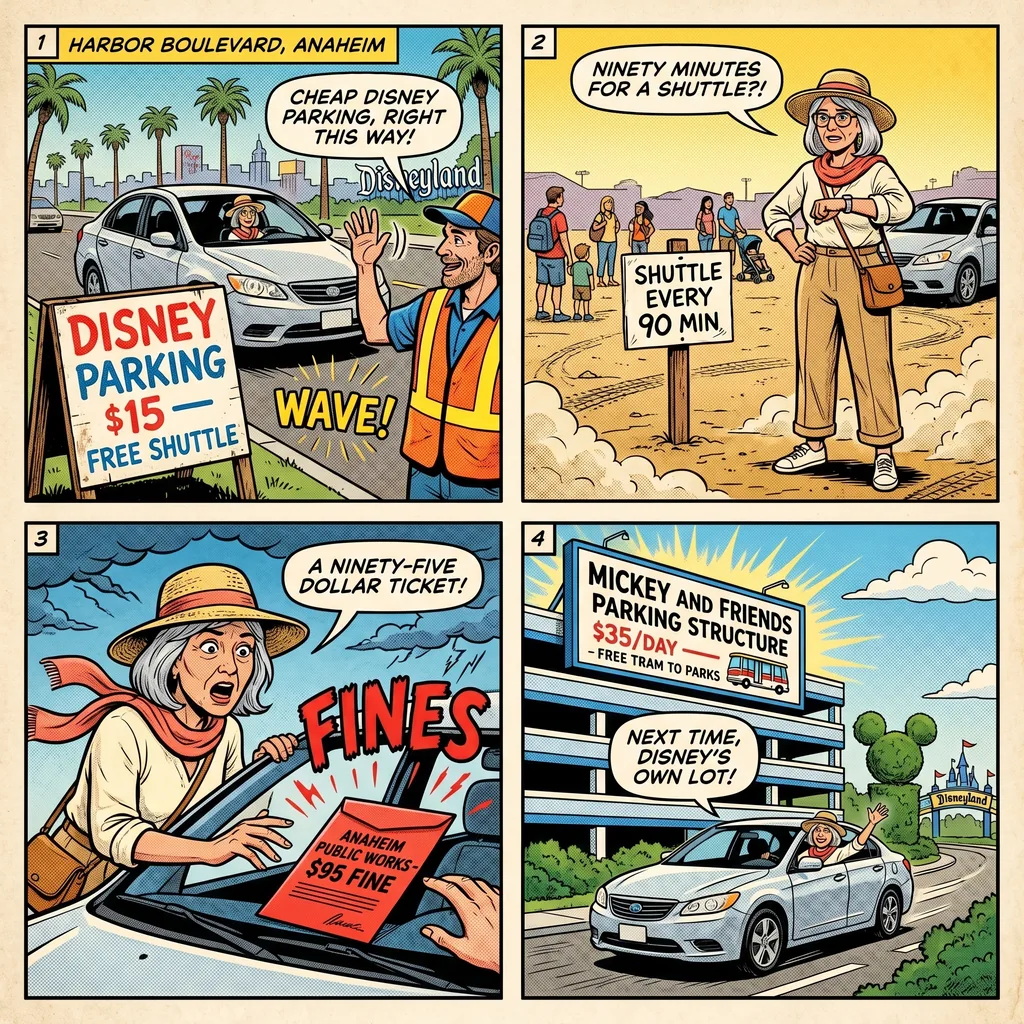 Anaheim Disney-Area Parking & Off-Disney Shuttle Scam — comic illustration