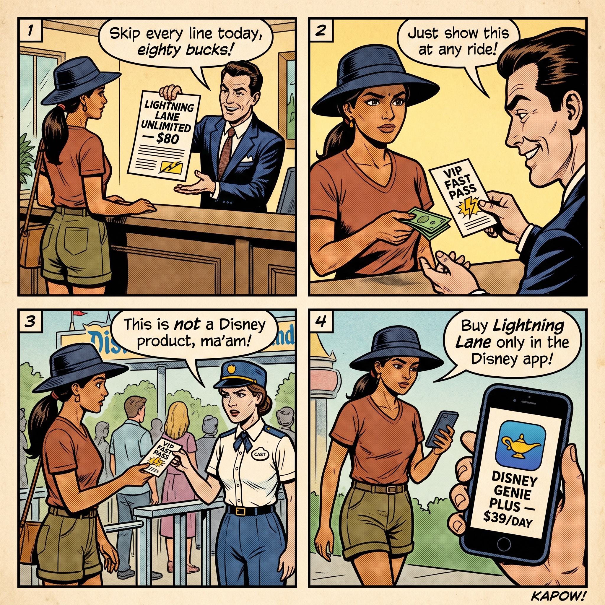 Disneyland Magic Key & 'Lightning Lane' Fast-Pass Upsell Confusion — comic illustration