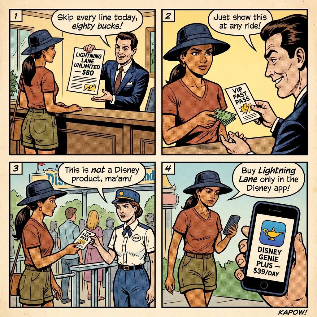 Disneyland Magic Key & 'Lightning Lane' Fast-Pass Upsell Confusion — comic illustration
