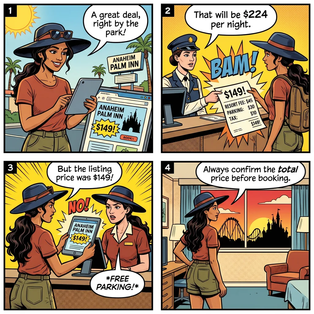 Anaheim Disney-Area Hotel Resort Fee & STR Off-Platform Booking Fraud — comic illustration