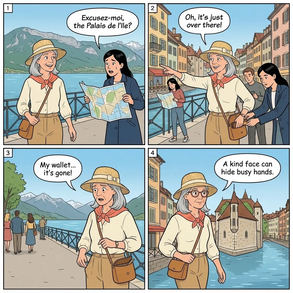 Lake Annecy Promenade Distraction — comic illustration