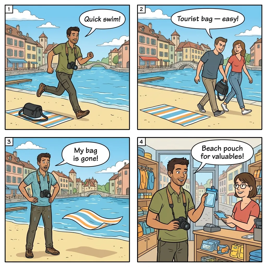 Beach Belongings Theft — comic illustration