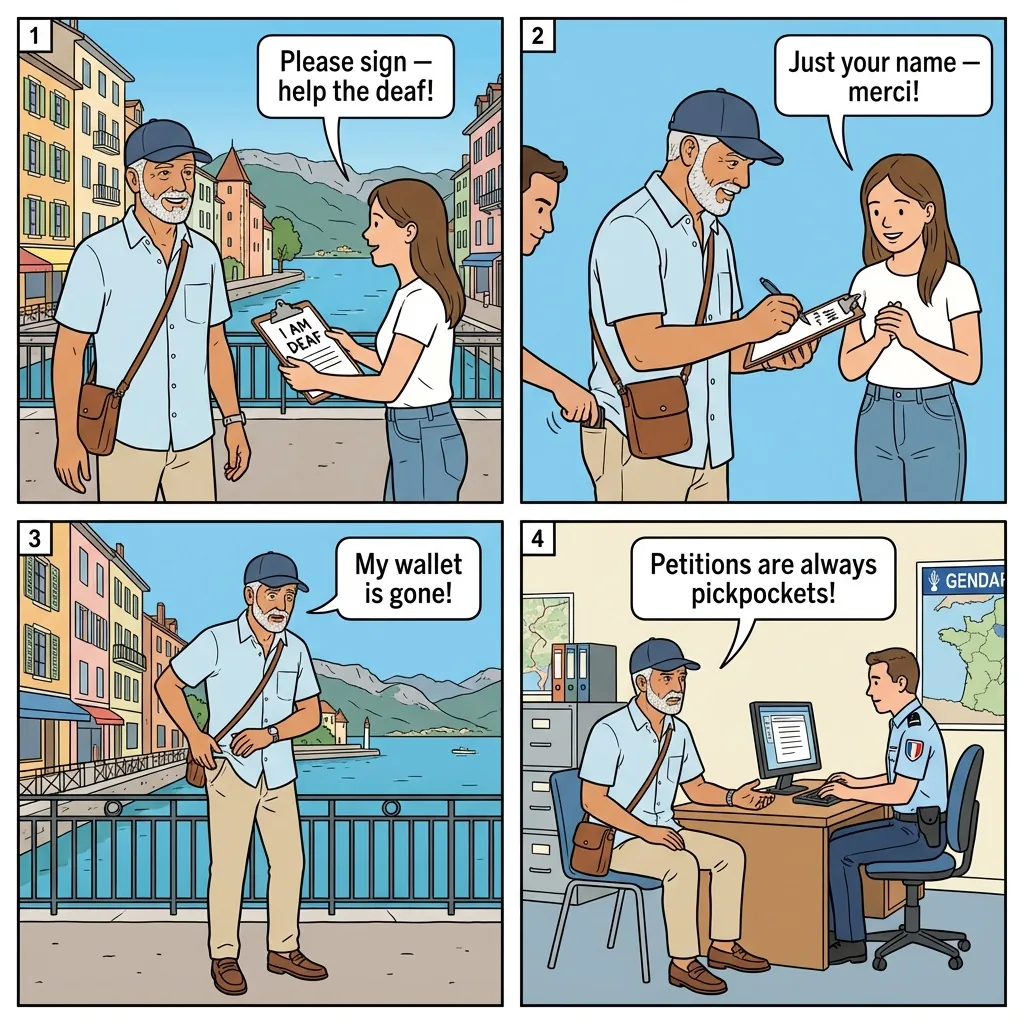 Fake Petition and Charity Clipboard Scam — comic illustration