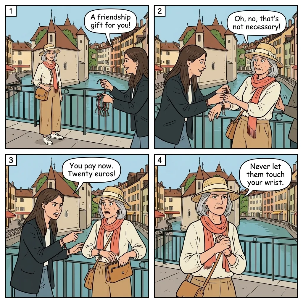 Friendship Bracelet Scam — comic illustration