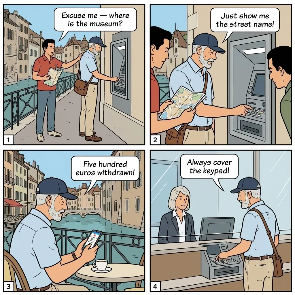 ATM Skimming and Distraction — comic illustration
