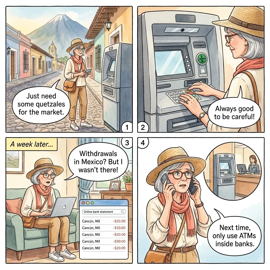 The Antigua Parque Central ATM Skimming Ring — comic illustration