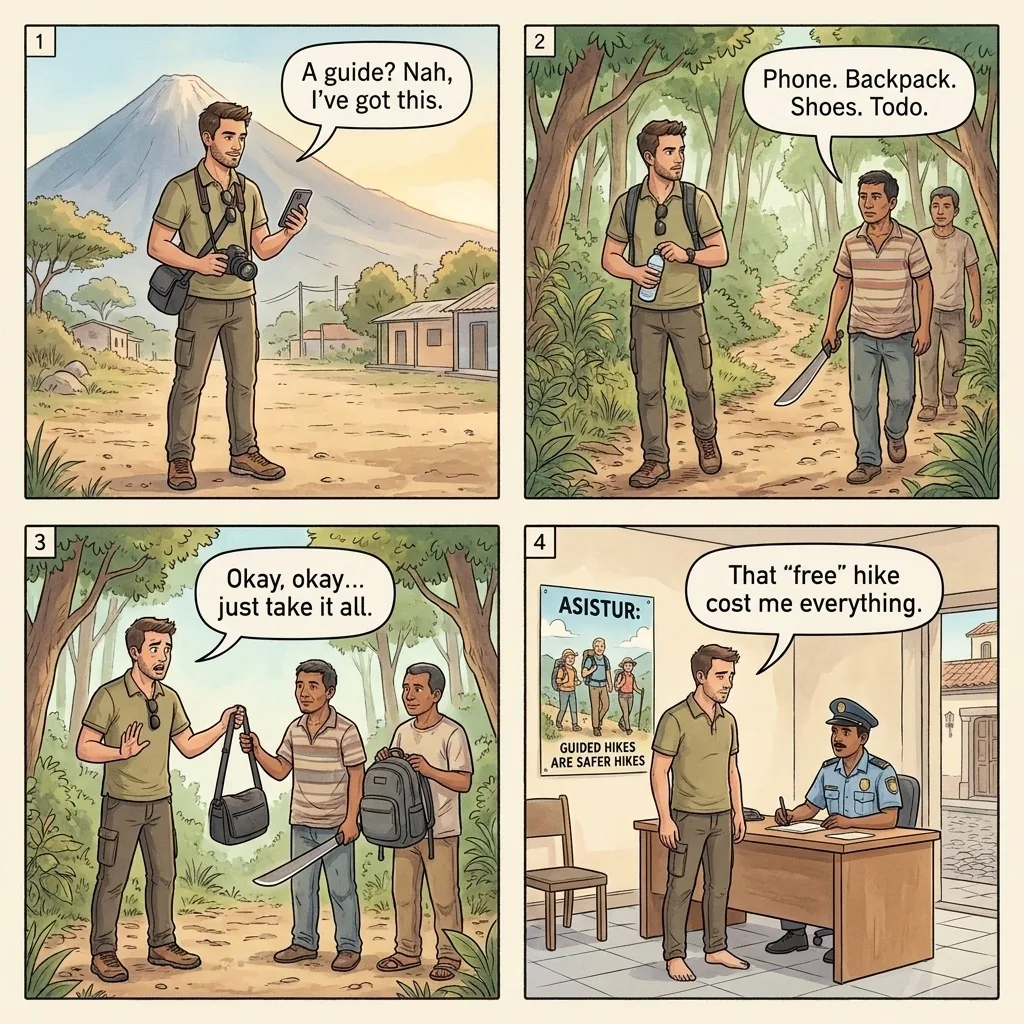 The Volcán de Agua Trail Robbery — comic illustration