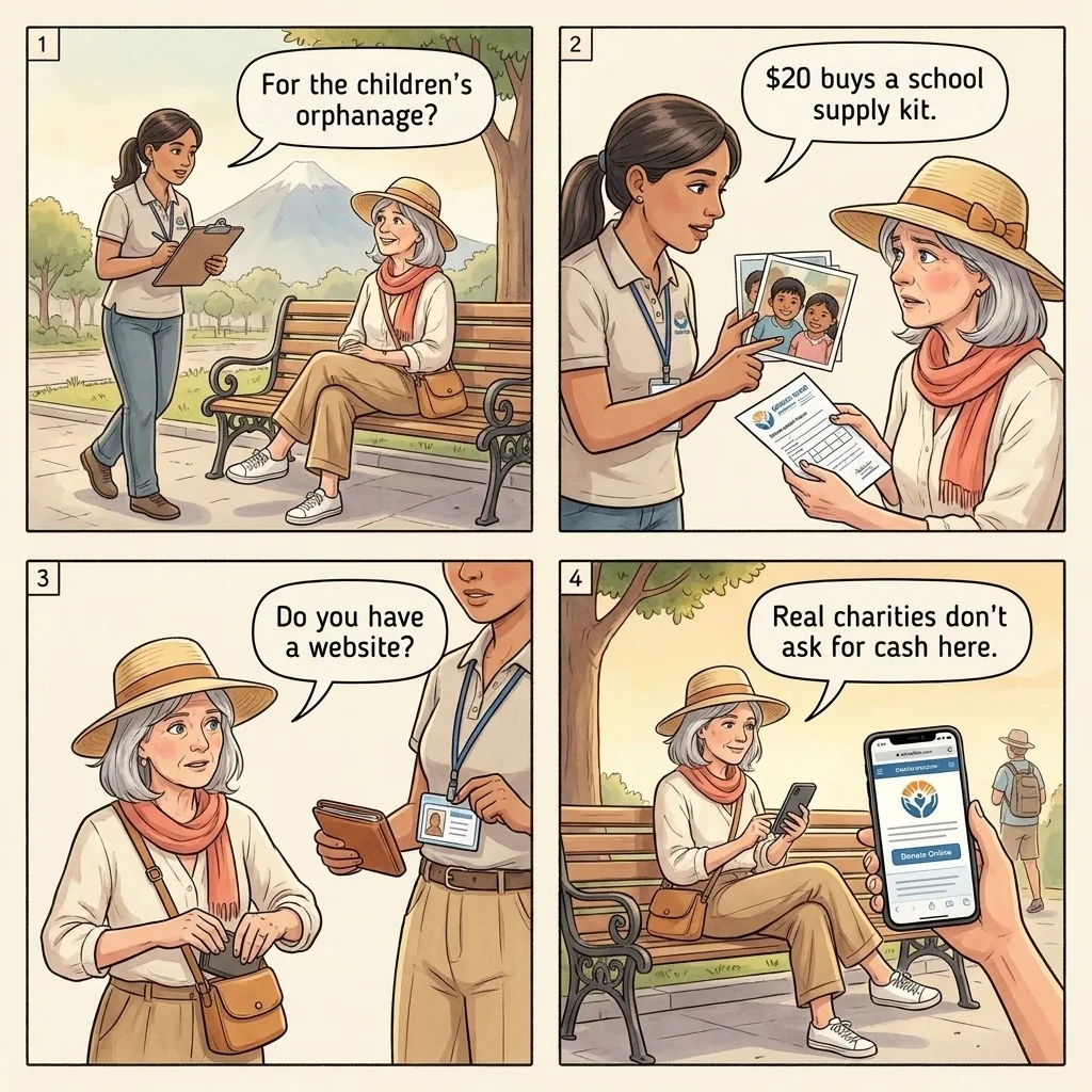 The Parque Central Fake-Charity Clipboard — comic illustration