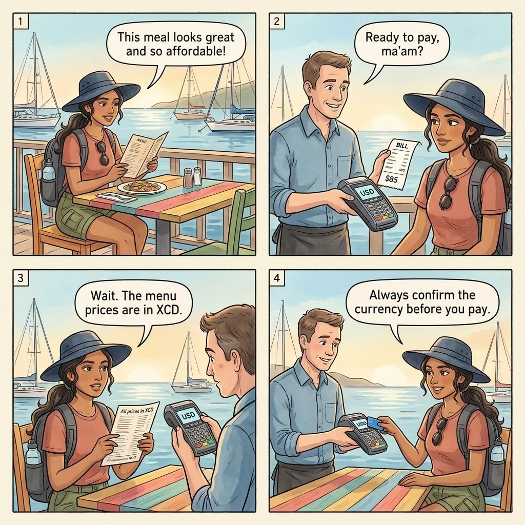 Currency Confusion Restaurant Scam — comic illustration