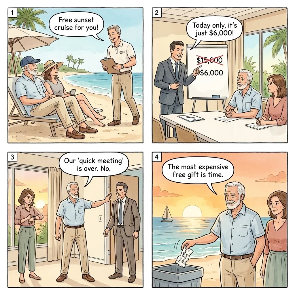Timeshare Presentation Trap — comic illustration