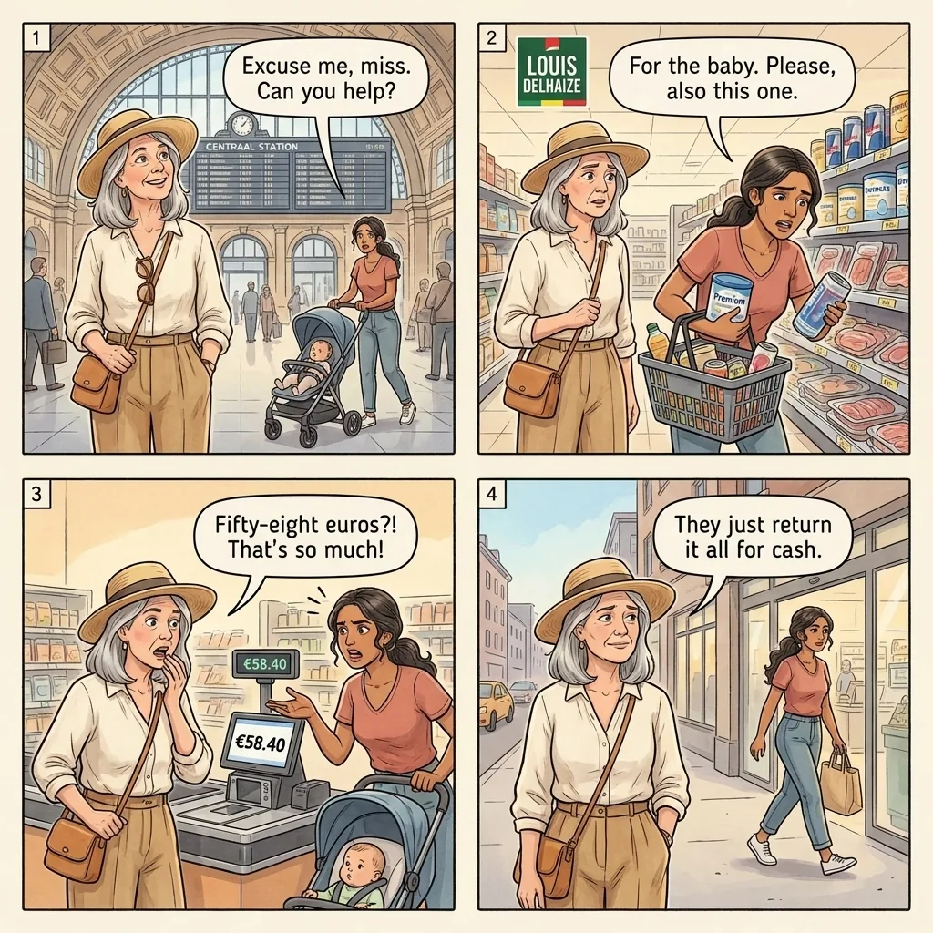 Centraal Station Buggy-Mom Grocery-Pay Scam — comic illustration
