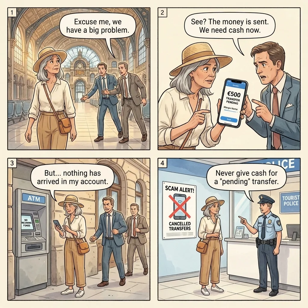 Centraal Station 500 EUR Revolut FlixBus Cash-Need — comic illustration