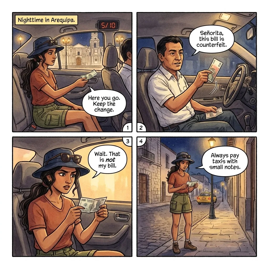 The Arequipa Taxi Counterfeit-Soles Swap — comic illustration