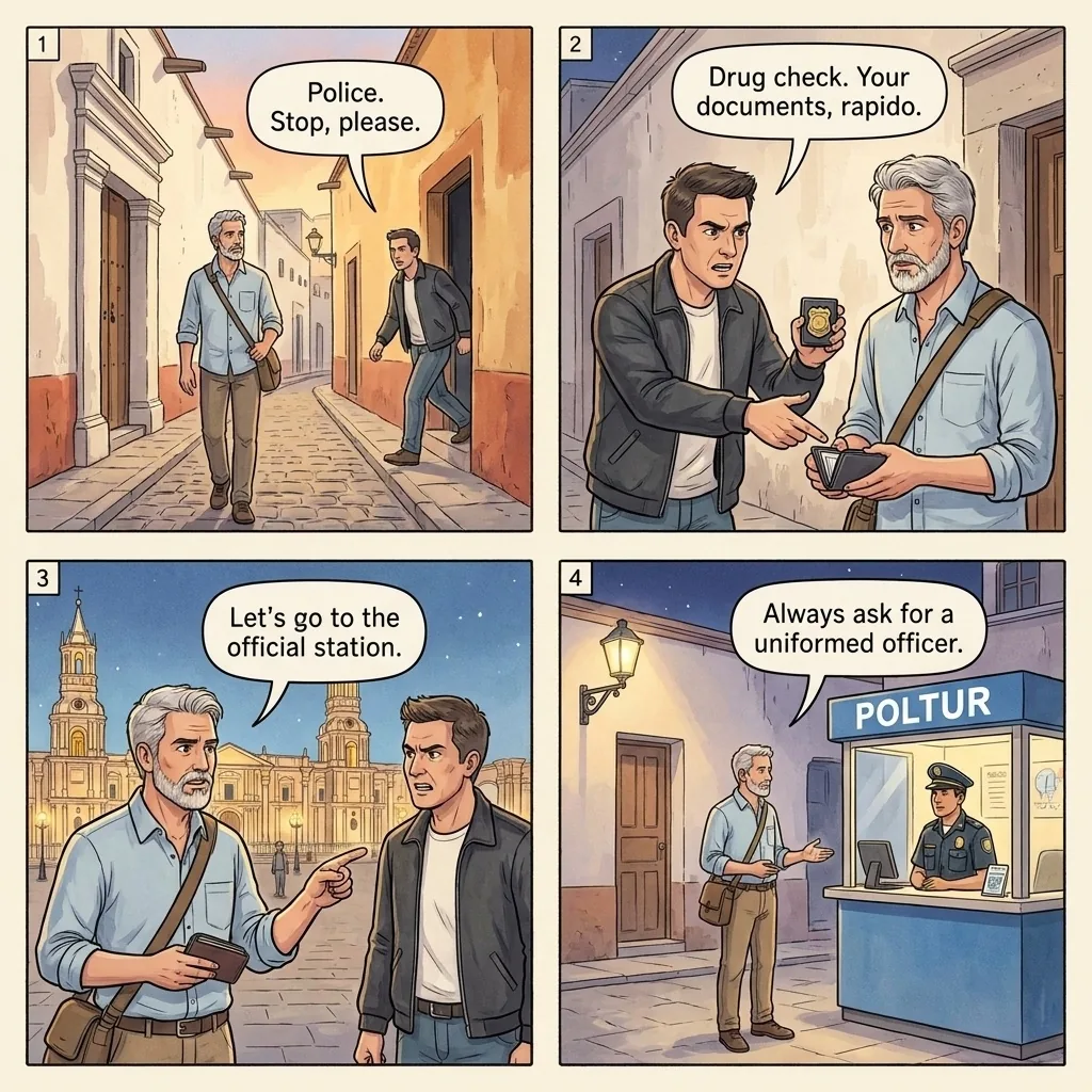The Arequipa 'Plain-Clothes Police' Document Check — comic illustration
