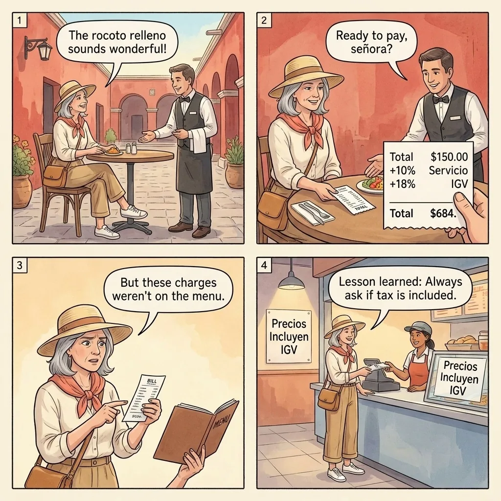 The Arequipa Restaurant Hidden 28% Surcharge — comic illustration