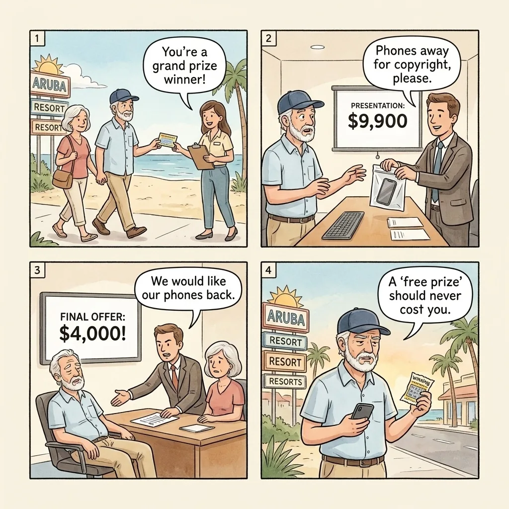 Cove Mall Scratch-Card Timeshare Phone-Free Pressure Sale — comic illustration