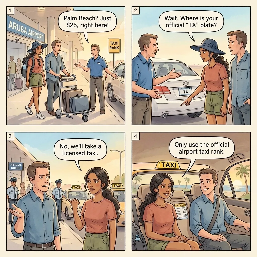 Queen Beatrix Airport Per-Person Taxi-Tout Currency Switch — comic illustration