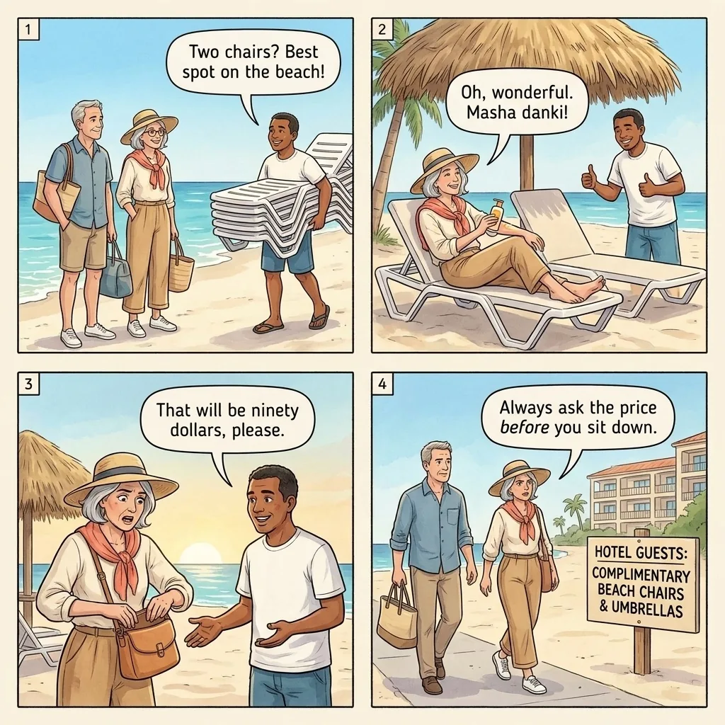 Palm Beach Chair-and-Palapa Vendor Verbal-Quote Overcharge — comic illustration
