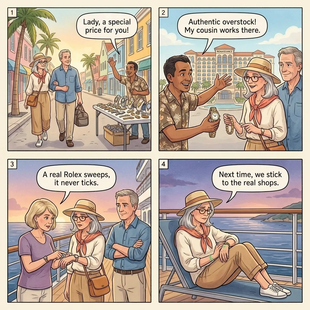 Oranjestad Cruise-Port Counterfeit-Watch and Brass-Gold Pitch — comic illustration