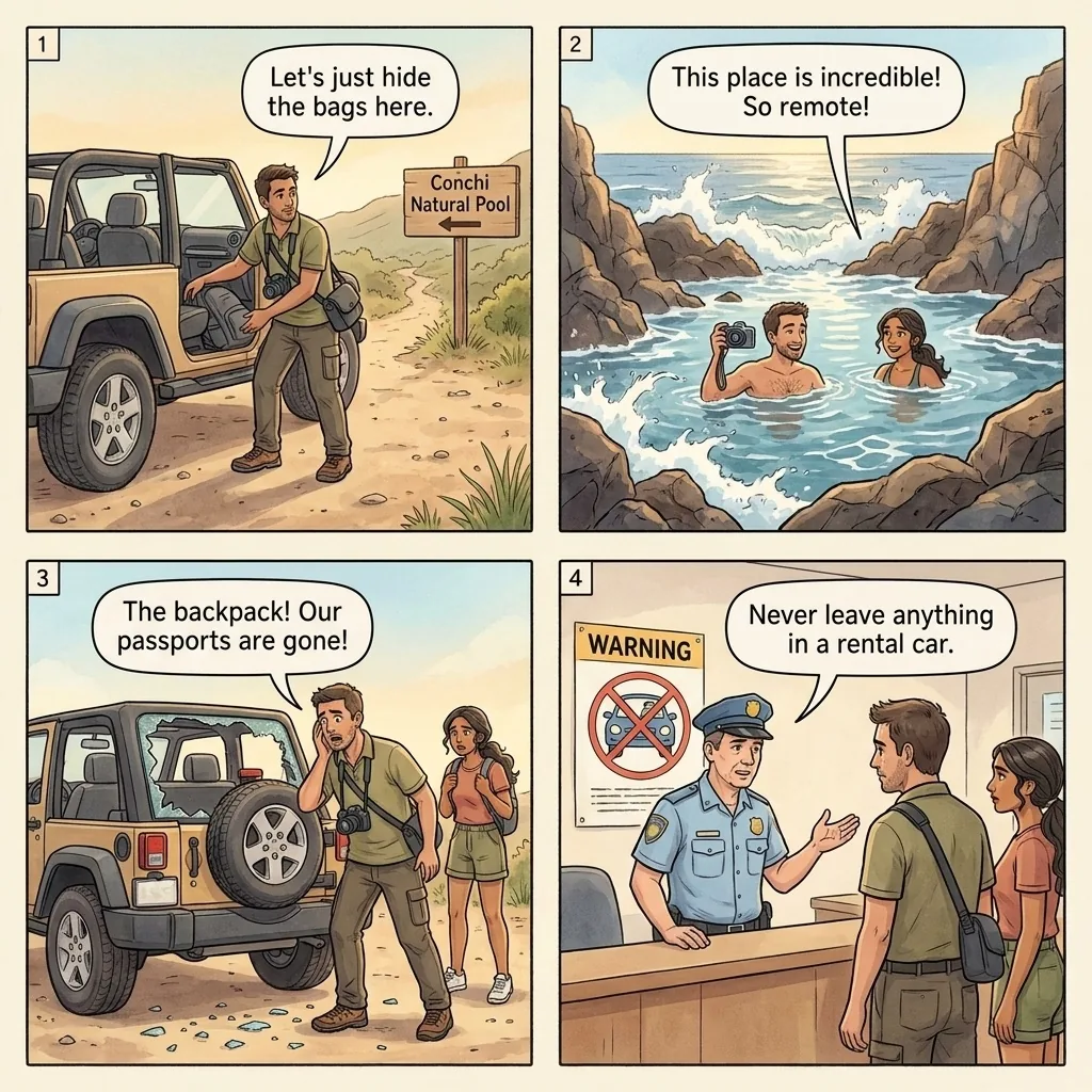 Conchi Natural Pool Parking-Lot Rental-Car Window-Smash — comic illustration