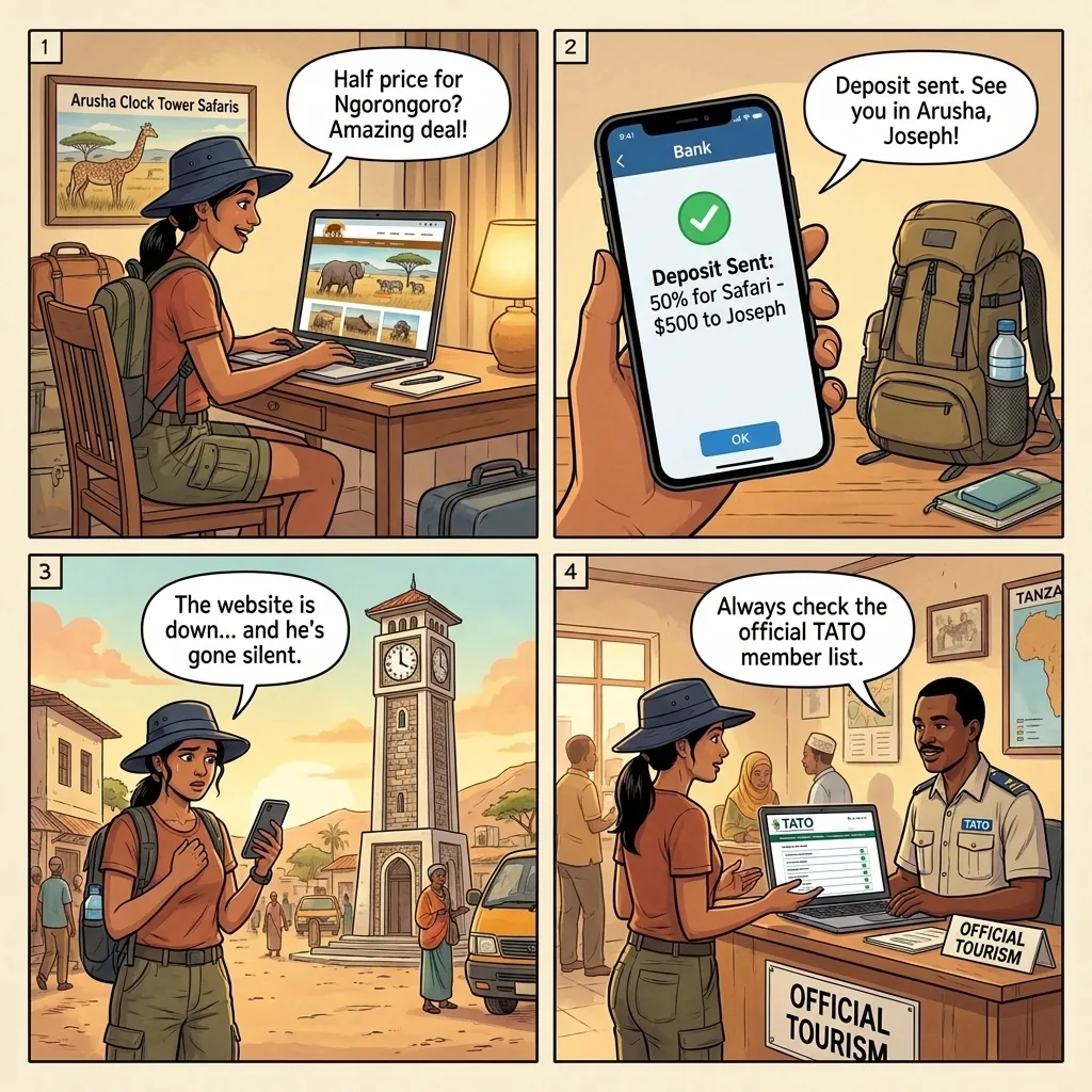 The Arusha Clock Tower Fake Safari Operator — comic illustration