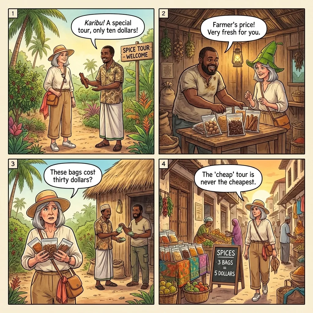 The Spice-Tour Shop-Stop Commission Racket — comic illustration