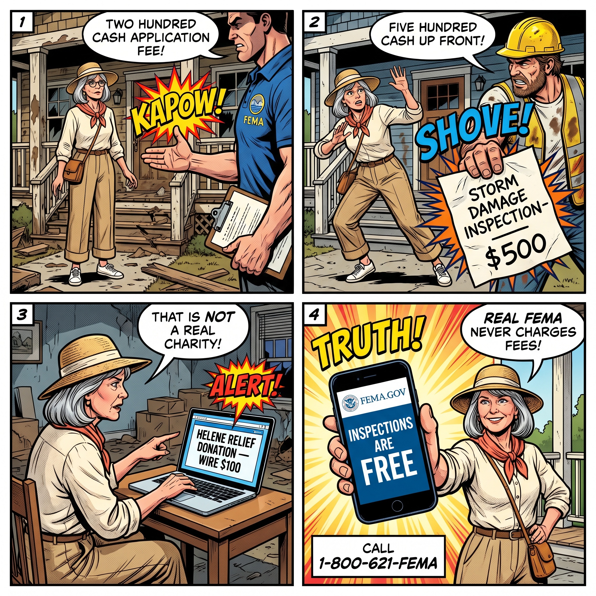 Hurricane Helene Post-Flood Scam — comic illustration