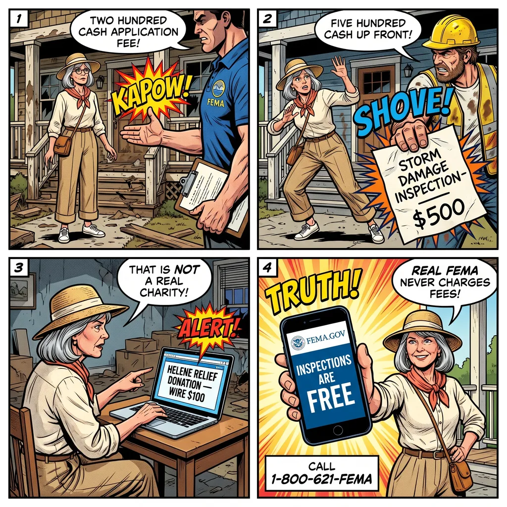Hurricane Helene Post-Flood Scam — comic illustration