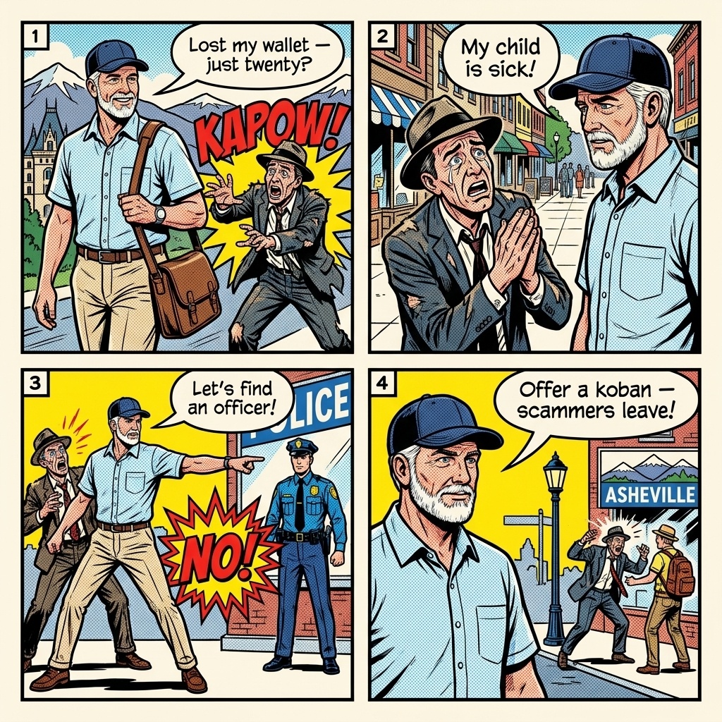 Asheville 'Cat Guy' & Downtown Panhandling / Solicitation — comic illustration