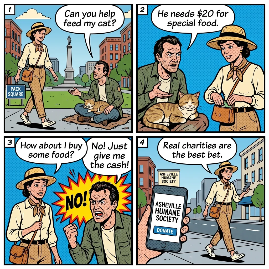 Asheville 'Cat Guy' & Downtown Panhandling / Solicitation — comic illustration