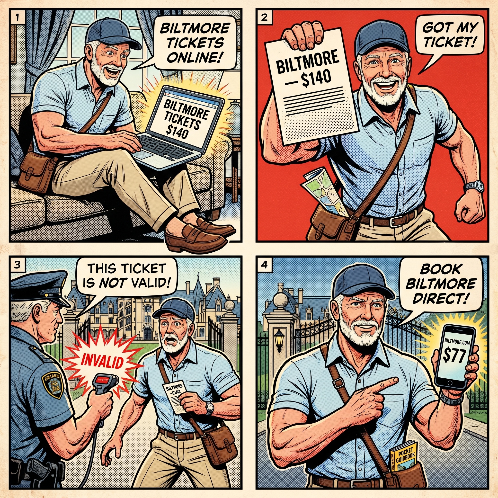 Biltmore Estate Ticket Resale & 'Free Biltmore Tour' Scam — comic illustration