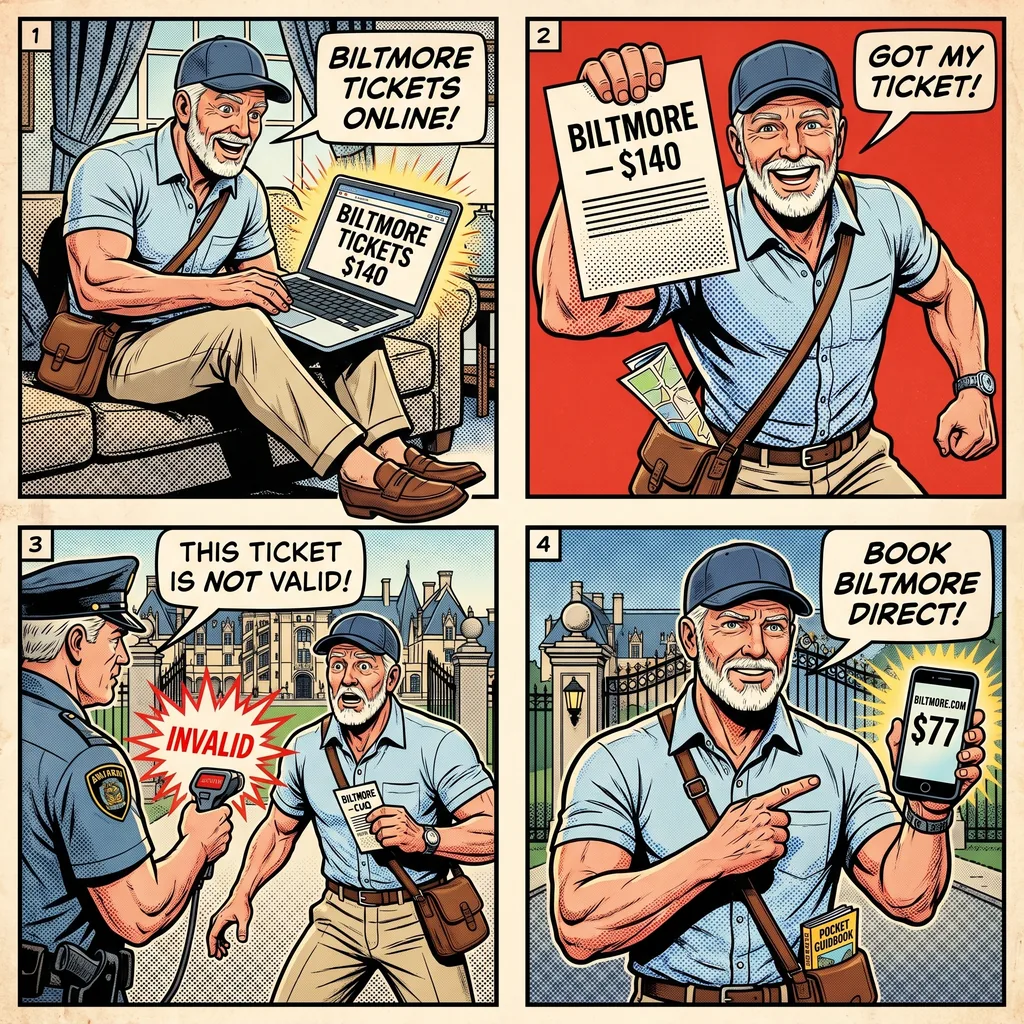 Biltmore Estate Ticket Resale & 'Free Biltmore Tour' Scam — comic illustration