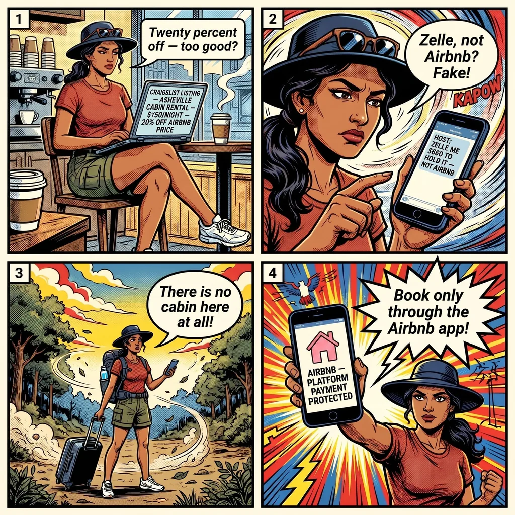 Asheville STR & Airbnb Post-Helene Booking Fraud — comic illustration